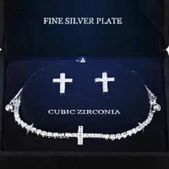 PRIMAVERA 2pc Inspirational Cross Silver Plated Clear CZ Bracelet & Earrings Set - Picture 2 of 2